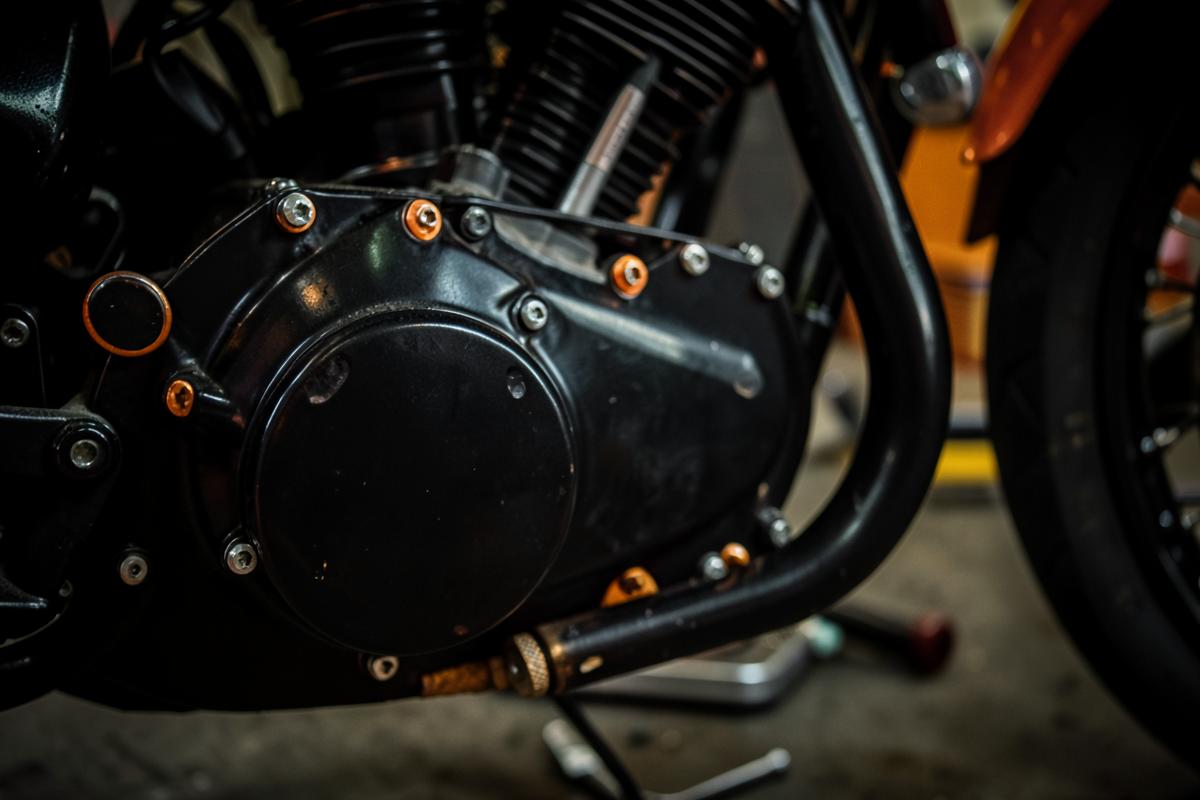 Close-up of a motorcycle engine in the workshop